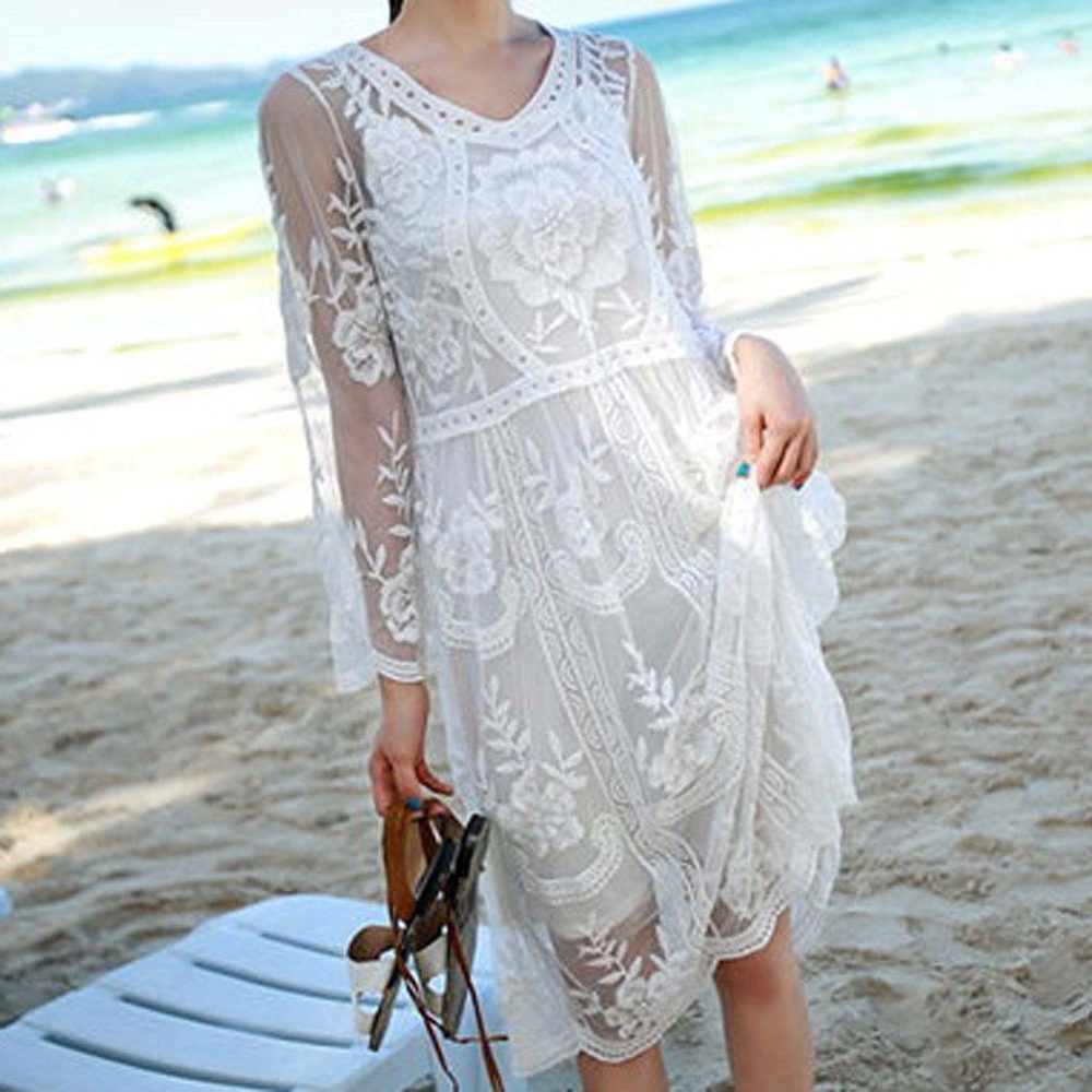 Boho White Lace Midi Dress